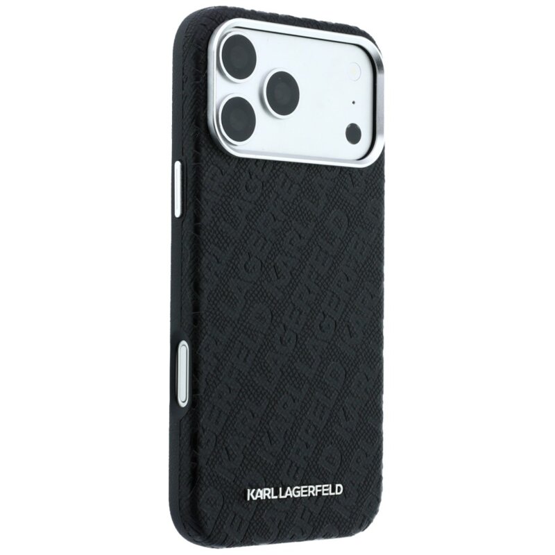 Husa iPhone 18 Pro Karl Lagerfeld Grained Leather Metal Logo MagSafe, negru