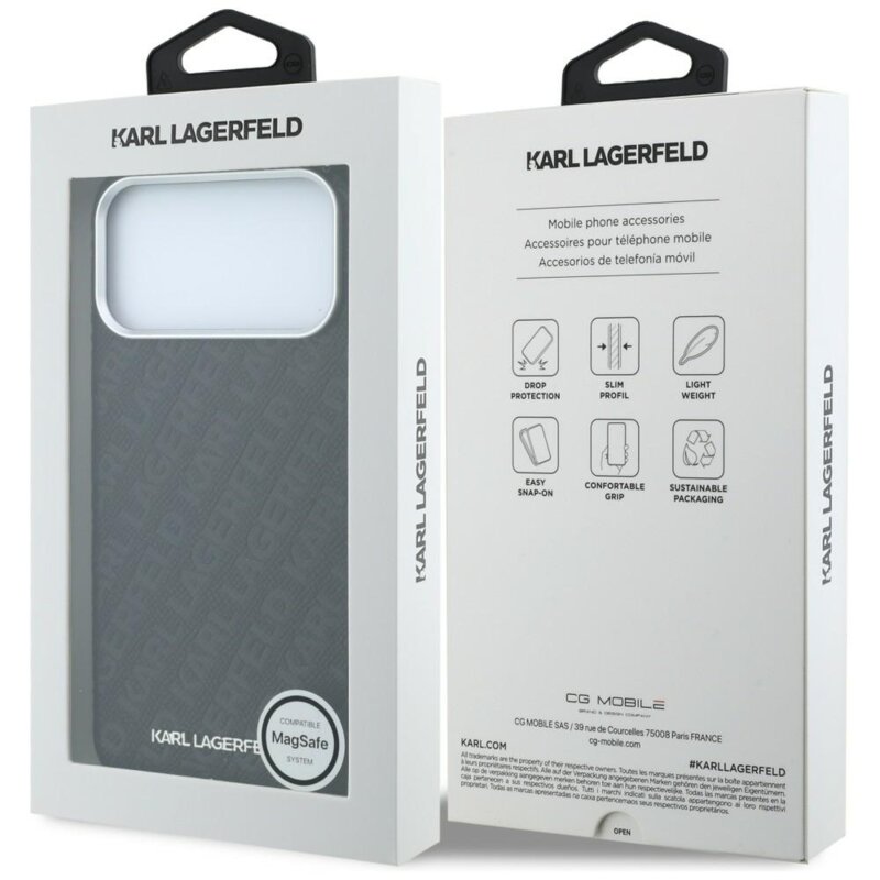 Husa iPhone 18 Pro Karl Lagerfeld Grained Leather Metal Logo MagSafe, negru