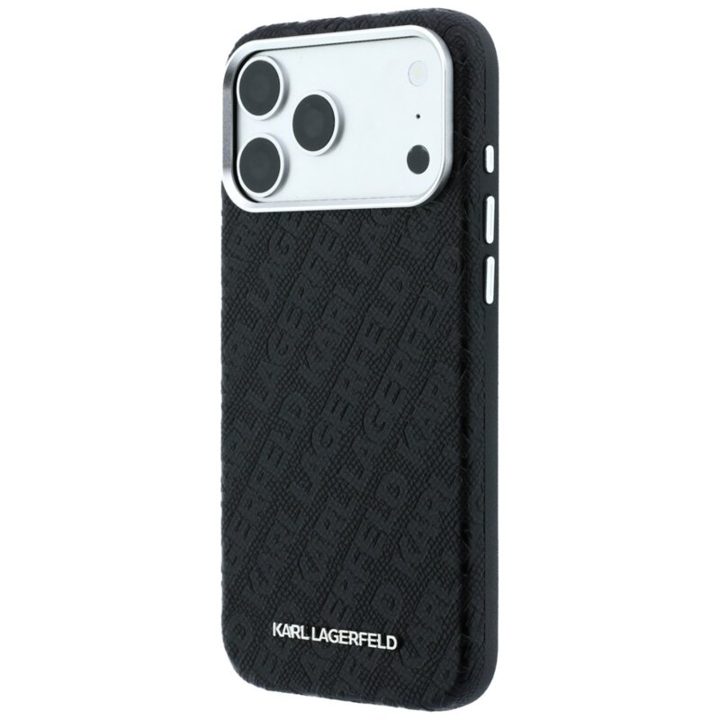Husa iPhone 17 Pro Karl Lagerfeld Grained Leather Metal Logo MagSafe, negru