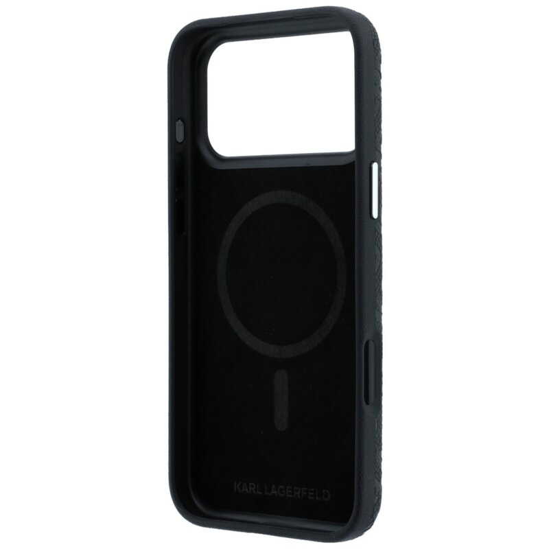 Husa iPhone 17 Pro Karl Lagerfeld Grained Leather Metal Logo MagSafe, negru