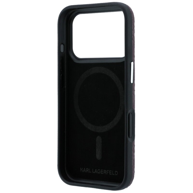Husa iPhone 18 Pro Karl Lagerfeld Grained Leather Metal Logo MagSafe, bordo