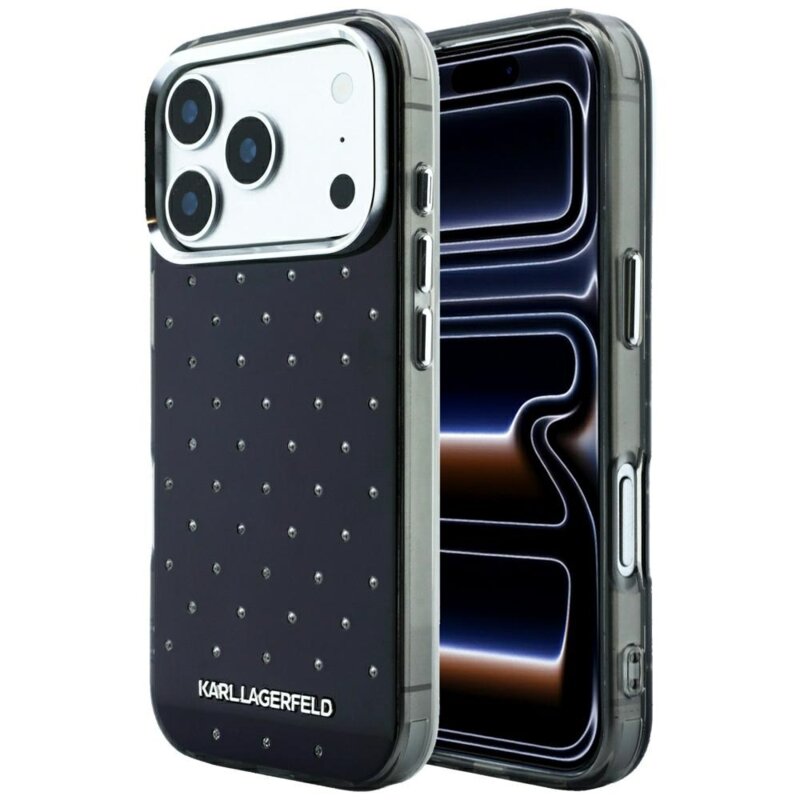 Husa iPhone 17 Pro Karl Lagerfeld IML Rhinestones and Electroplated Logo, negru