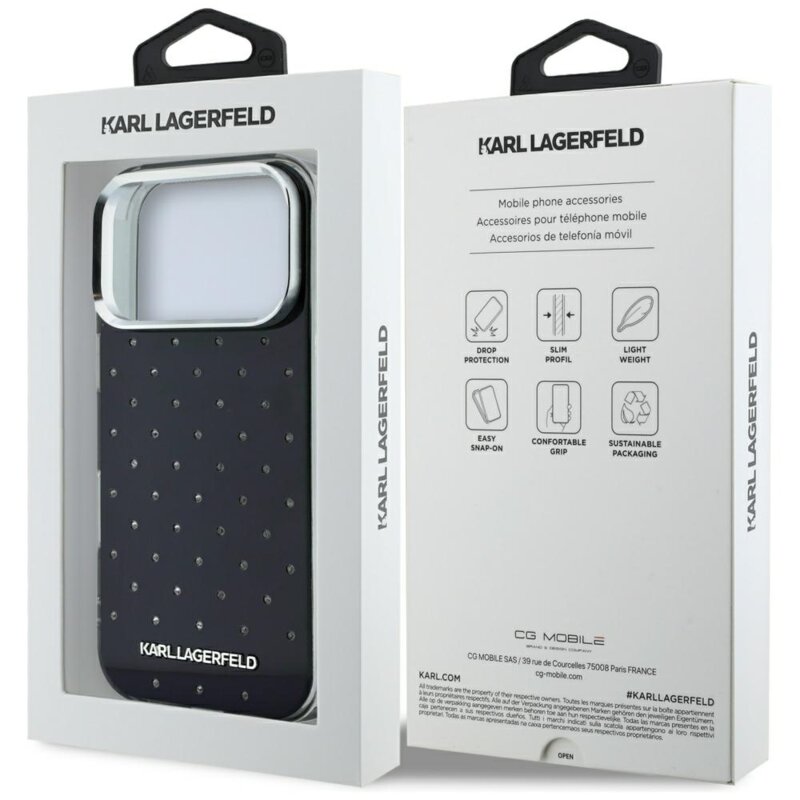 Husa iPhone 18 Pro Max Karl Lagerfeld IML Rhinestones and Electroplated Logo, negru