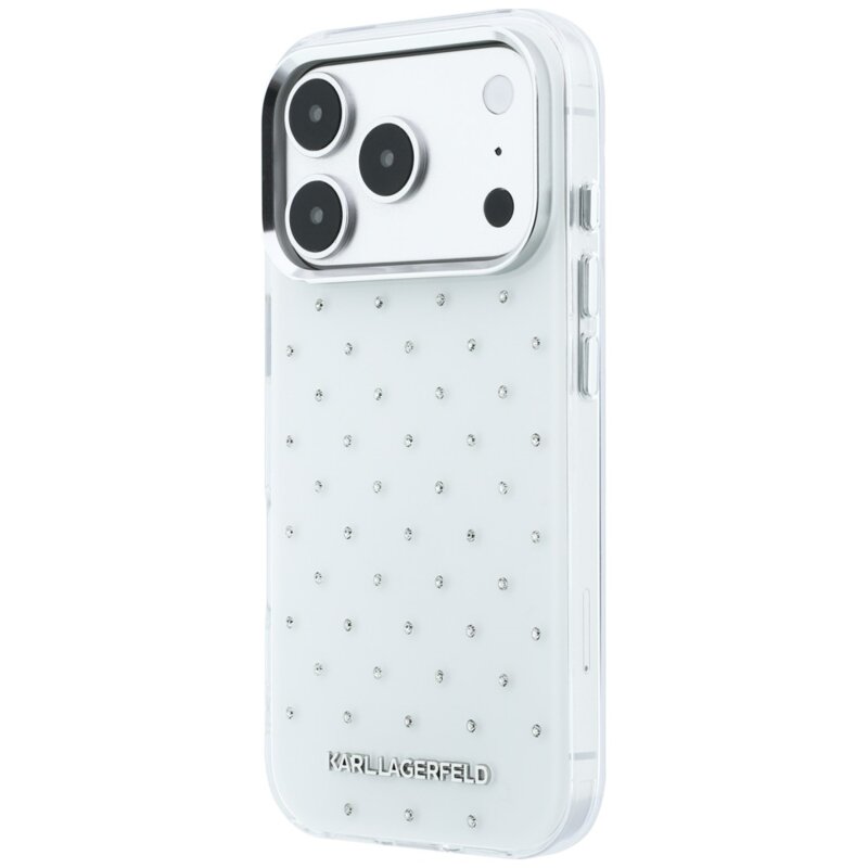 Husa iPhone 18 Pro Karl Lagerfeld IML Rhinestones and Electroplated Logo, alb