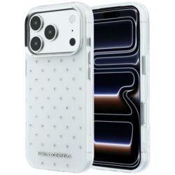 Husa iPhone 18 Pro Karl Lagerfeld IML Rhinestones and Electroplated Logo, alb