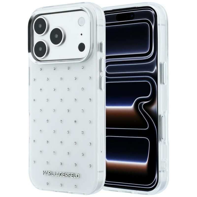 Husa iPhone 18 Pro Karl Lagerfeld IML Rhinestones and Electroplated Logo, alb