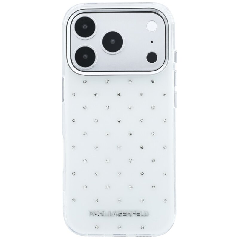 Husa iPhone 18 Pro Karl Lagerfeld IML Rhinestones and Electroplated Logo, alb