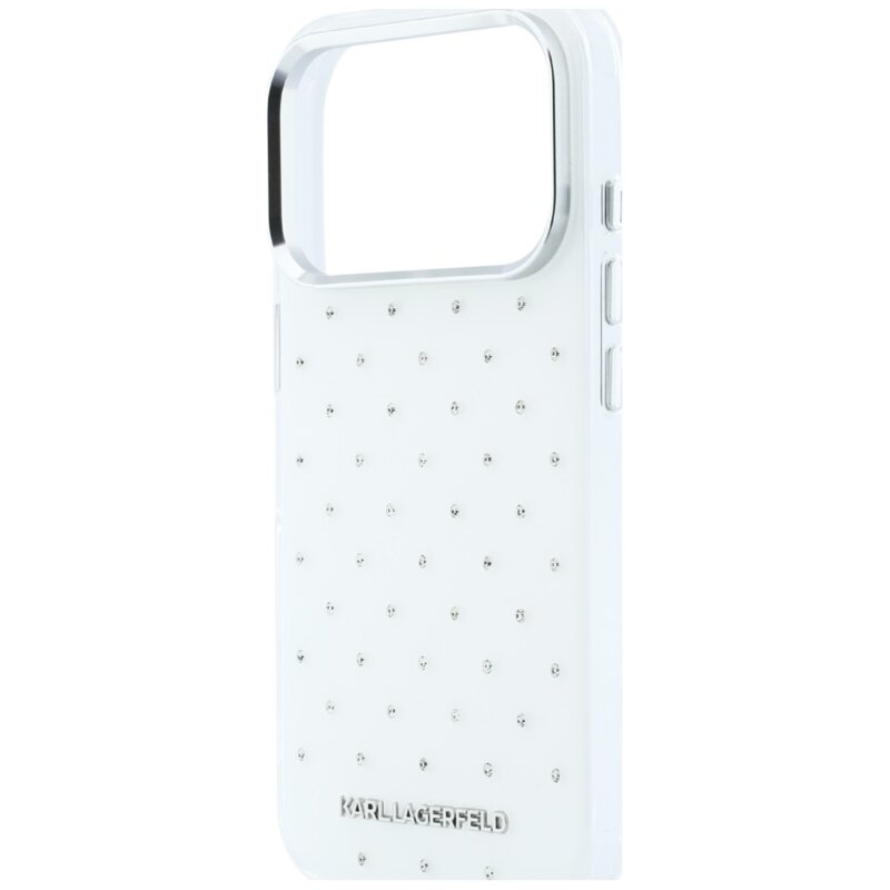 Husa iPhone 18 Pro Karl Lagerfeld IML Rhinestones and Electroplated Logo, alb