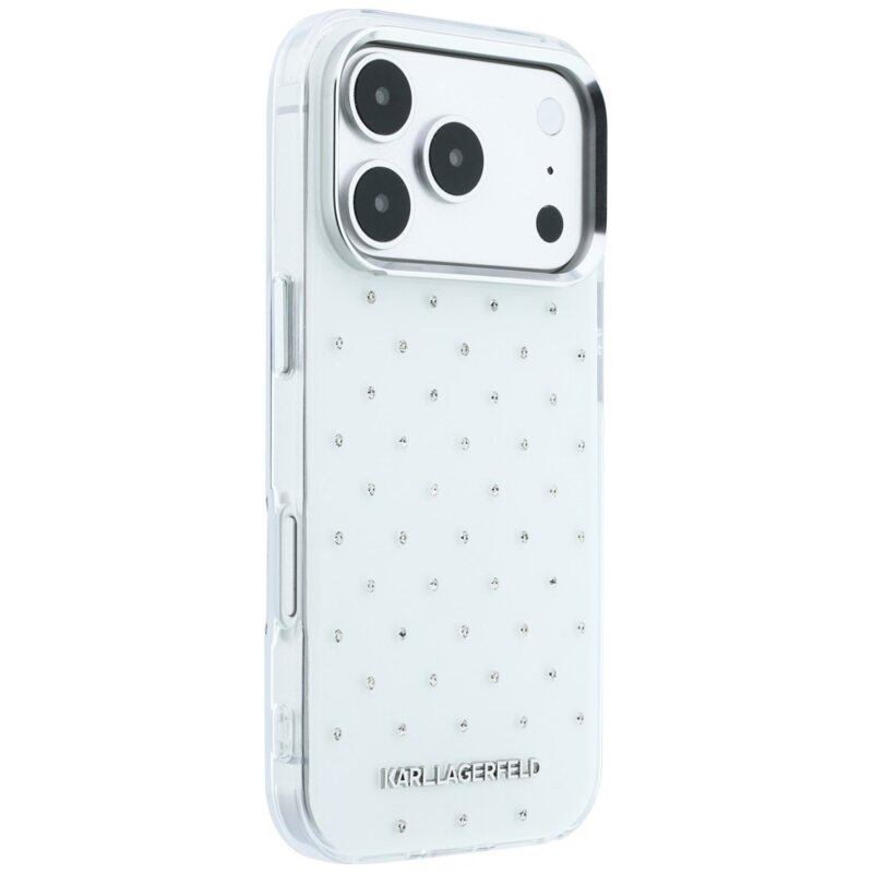 Husa iPhone 17 Pro Karl Lagerfeld IML Rhinestones and Electroplated Logo, alb