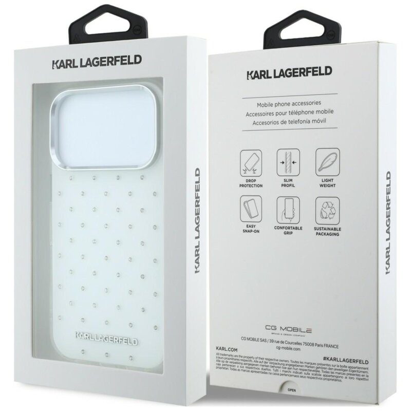 Husa iPhone 17 Pro Karl Lagerfeld IML Rhinestones and Electroplated Logo, alb