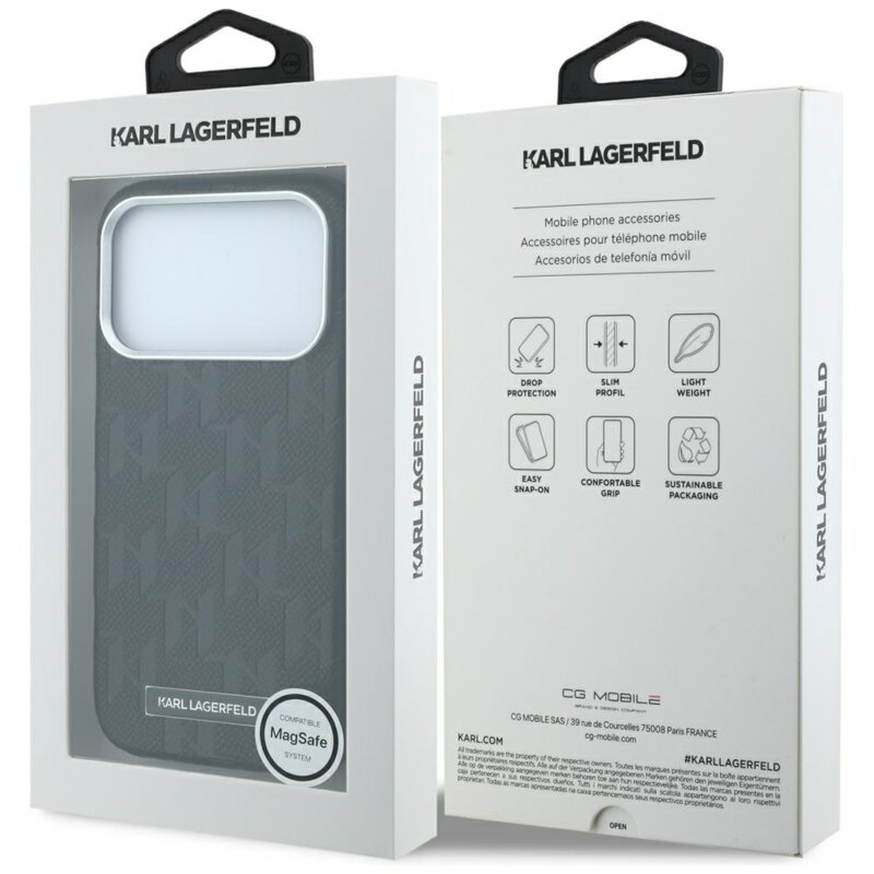 Husa iPhone 17 Pro Karl Lagerfeld HC MagSafe SW Grained Leather HS Mono Resin Logo, negru