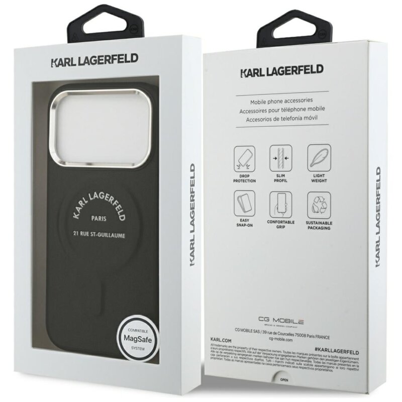 Husa iPhone 18 Pro Max Karl Lagerfeld HC MagSafe Leather Ring Karl RSG Logo, negru