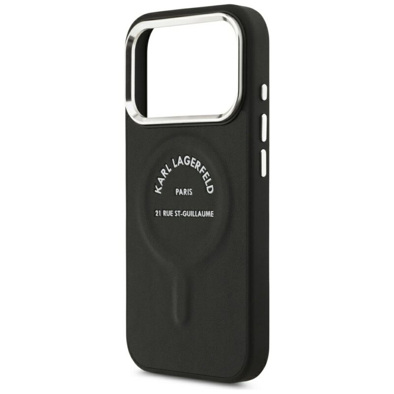Husa iPhone 17 Pro Max Karl Lagerfeld HC MagSafe Leather Ring Karl RSG Logo, negru