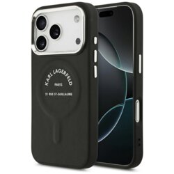 Husa iPhone 17 Pro Karl Lagerfeld HC MagSafe Leather EMB. Ring Karl RSG Logo, negru
