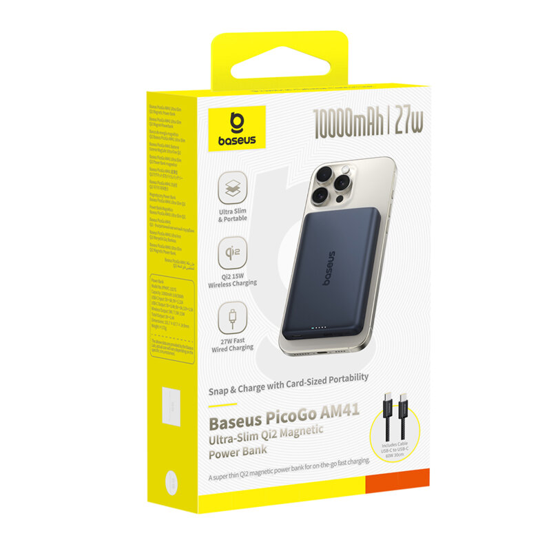 Power bank magnetic cu cablu tip C 27W, 10000mAh Baseus AM41, negru
