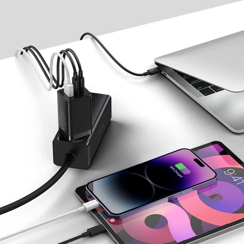 Incarcator priza Fast Charge 3in1 + cablu Type-C Baseus GaN5 Pro, 65W, negru