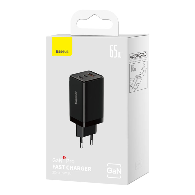 Incarcator priza Fast Charge 3in1 + cablu Type-C Baseus GaN5 Pro, 65W, negru