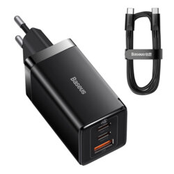 Incarcator priza Fast Charge 3in1 + cablu Type-C Baseus GaN5 Pro, 65W, negru