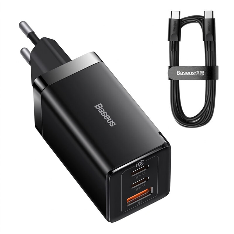 Incarcator priza Fast Charge 3in1 + cablu Type-C Baseus GaN5 Pro, 65W, negru