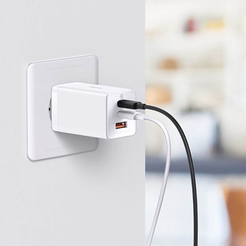 Incarcator priza Fast Charge 3in1 + cablu Type-C Baseus GaN5 Pro, 65W, alb