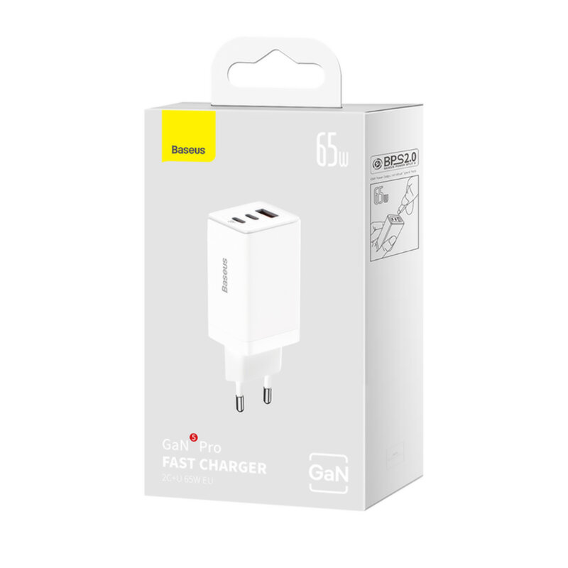 Incarcator priza Fast Charge 3in1 + cablu Type-C Baseus GaN5 Pro, 65W, alb