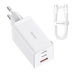Incarcator priza Fast Charge 3in1 + cablu Type-C Baseus GaN5 Pro, 65W, alb