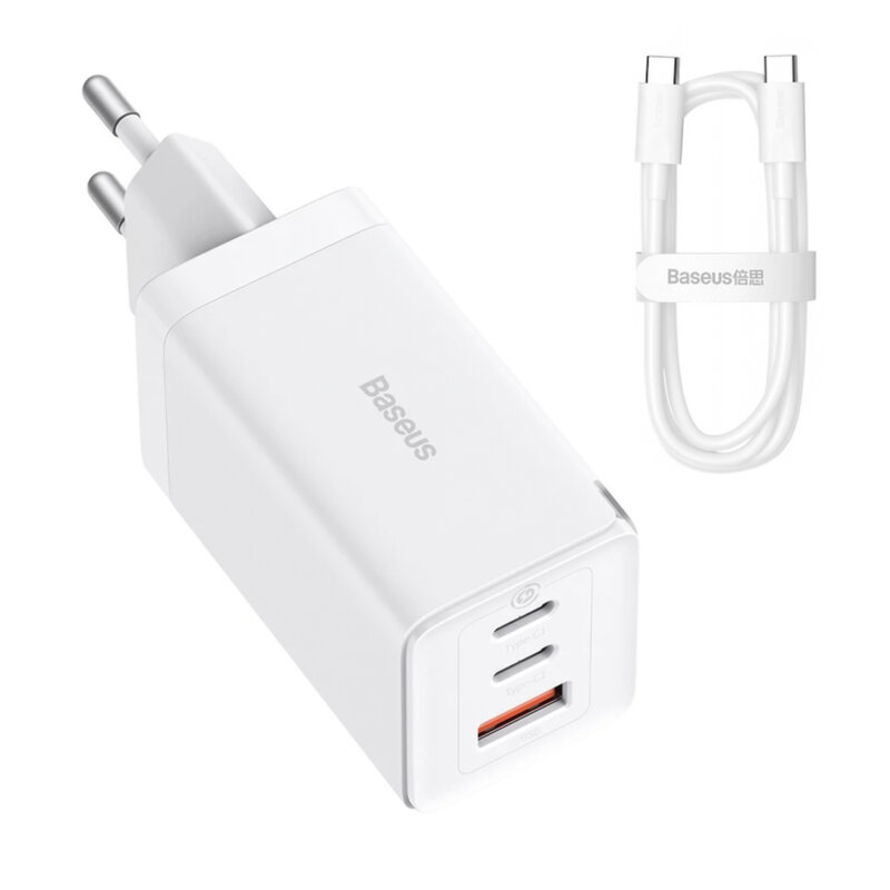 Incarcator priza Fast Charge 3in1 + cablu Type-C Baseus GaN5 Pro, 65W, alb