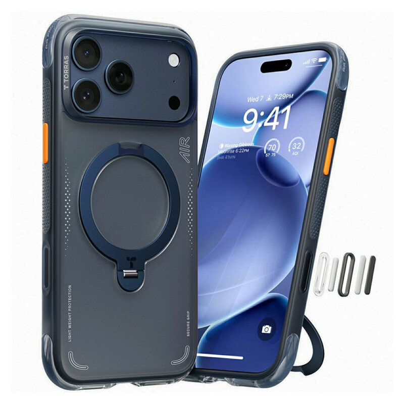 Husa iPhone 17 Pro Torras Ostand Spin Air Series, bleumarin