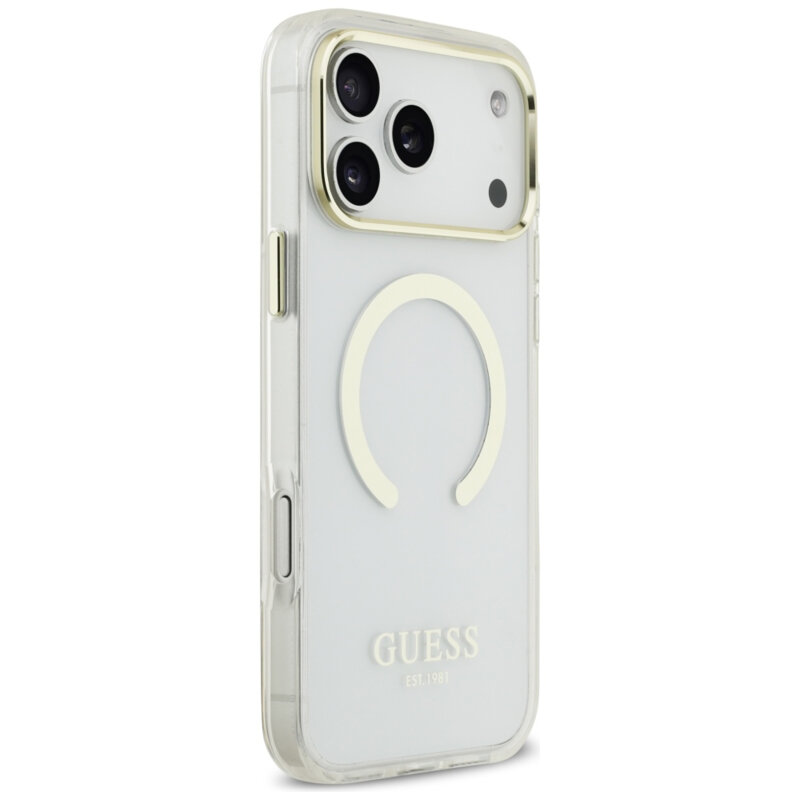 Husa iPhone 18 Pro Max originala Guess Metal Outline MagSafe, auriu, GUHMP18XHTRMD