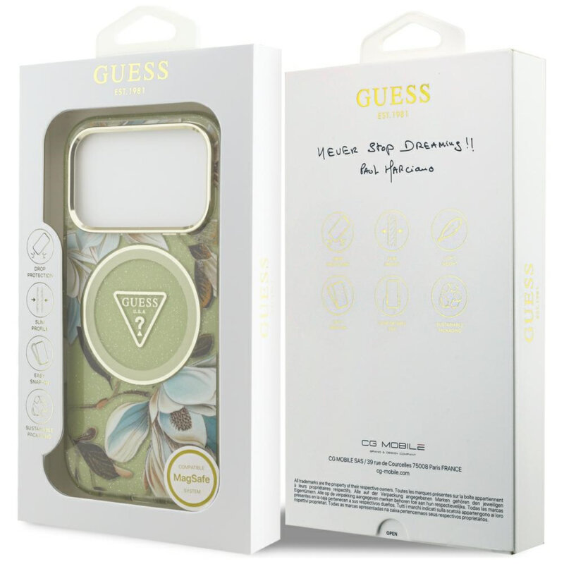 Husa iPhone 18 Pro originala Guess IML Glitter Flowers Triangle MagSafe, verde, GUHMP18LHFLPEDN