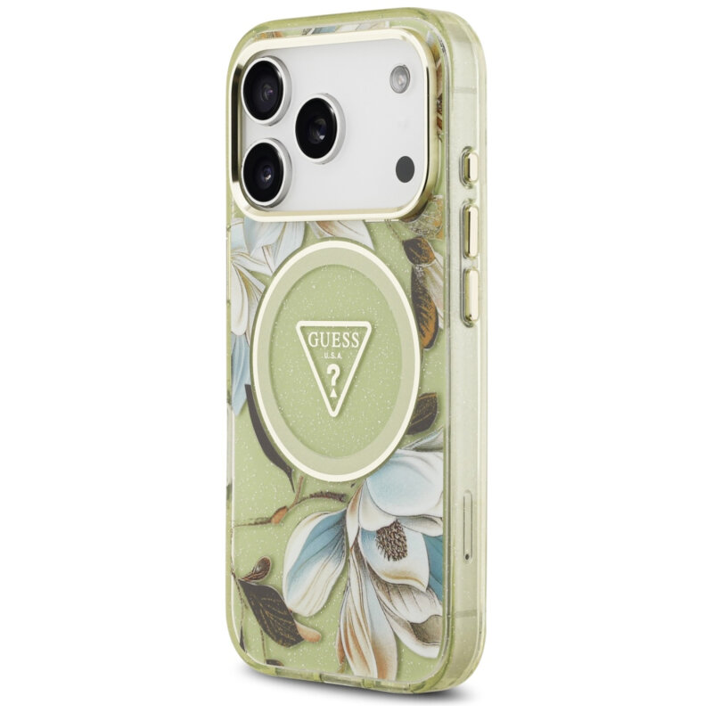 Husa iPhone 17 Pro originala Guess IML Glitter Flowers Triangle MagSafe, verde, GUHMP18LHFLPEDN