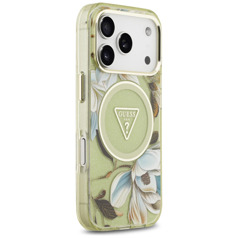 Husa iPhone 17 Pro originala Guess IML Glitter Flowers Triangle MagSafe, verde, GUHMP18LHFLPEDN
