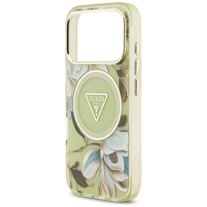 Husa iPhone 17 Pro originala Guess IML Glitter Flowers Triangle MagSafe, verde, GUHMP18LHFLPEDN