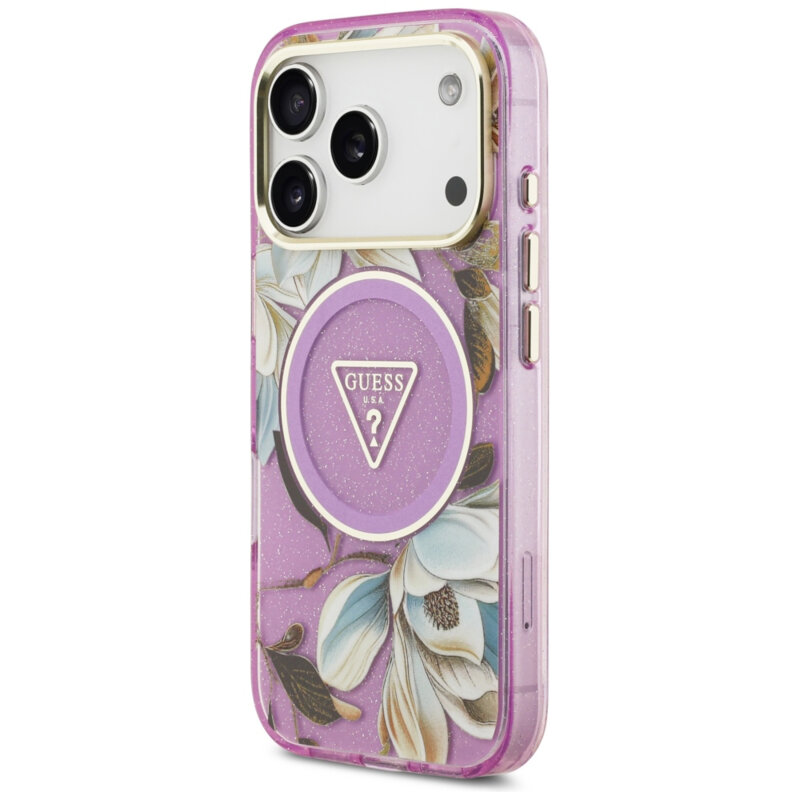 Husa iPhone 18 Pro originala Guess IML Glitter Flowers Triangle MagSafe, mov, GUHMP18LHFLPEDU