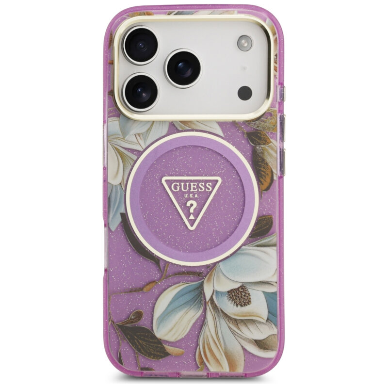 Husa iPhone 18 Pro originala Guess IML Glitter Flowers Triangle MagSafe, mov, GUHMP18LHFLPEDU