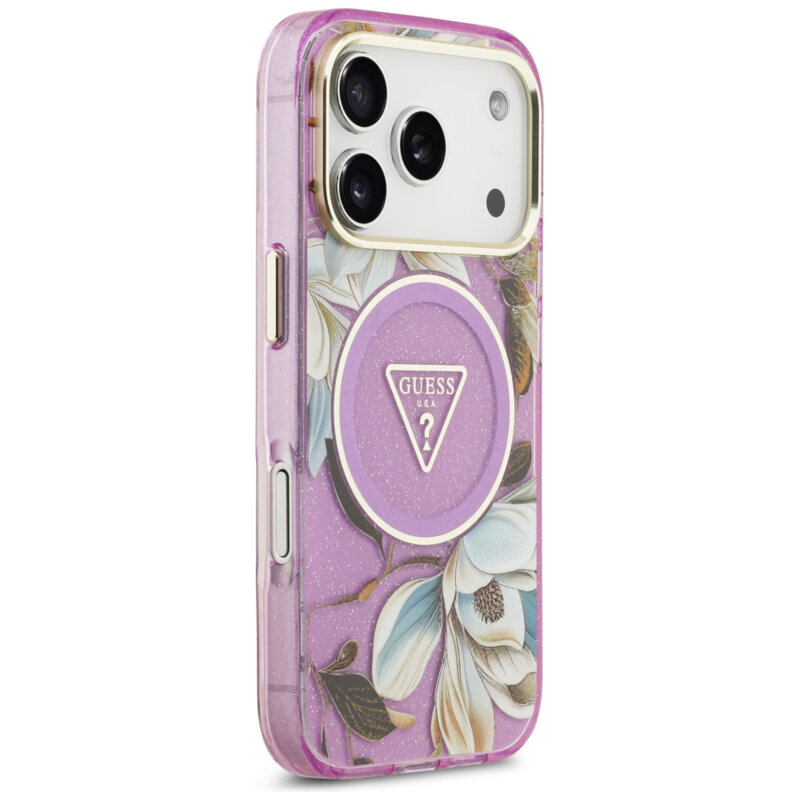 Husa iPhone 18 Pro originala Guess IML Glitter Flowers Triangle MagSafe, mov, GUHMP18LHFLPEDU