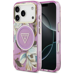 Husa iPhone 17 Pro originala Guess IML Glitter Flowers Triangle MagSafe, mov, GUHMP18LHFLPEDU