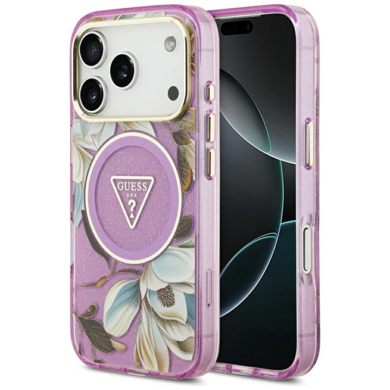 Husa iPhone 17 Pro originala Guess IML Glitter Flowers Triangle MagSafe, mov, GUHMP18LHFLPEDU