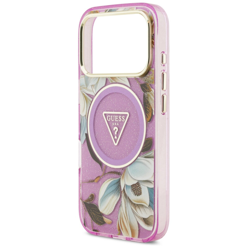 Husa iPhone 17 Pro originala Guess IML Glitter Flowers Triangle MagSafe, mov, GUHMP18LHFLPEDU