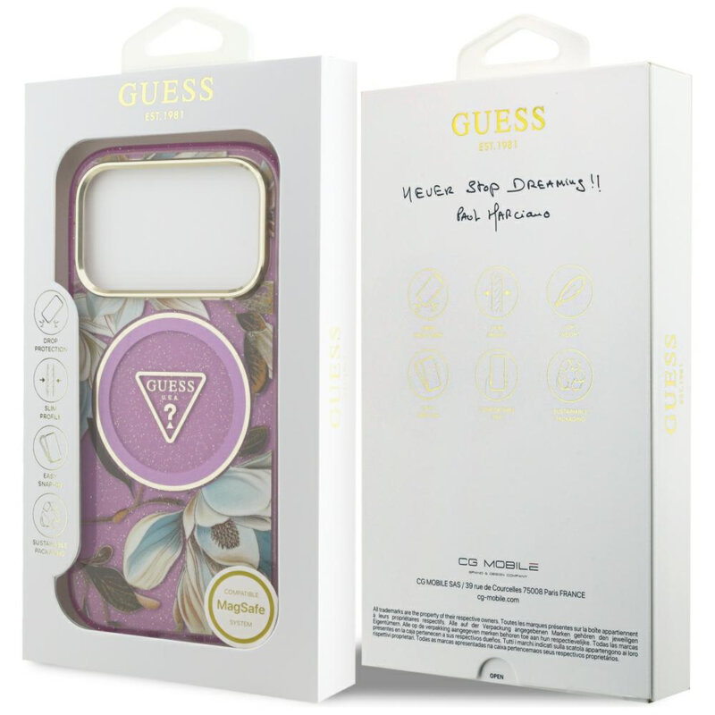 Husa iPhone 17 Pro originala Guess IML Glitter Flowers Triangle MagSafe, mov, GUHMP18LHFLPEDU