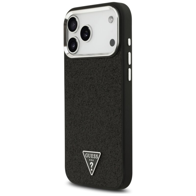 Husa Guess Glitter Triangle Logo MagSafe iPhone 18 Pro Max cu sclipici, negru, GUHMP18XPFGTSCMK