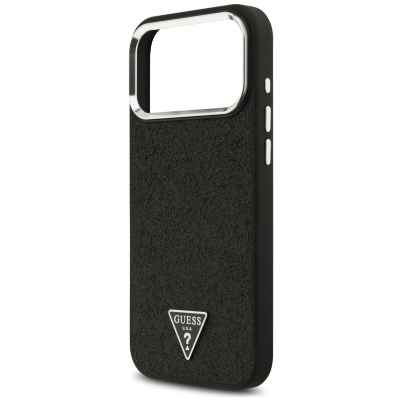 Husa Guess Glitter Triangle Logo MagSafe iPhone 18 Pro Max cu sclipici, negru, GUHMP18XPFGTSCMK