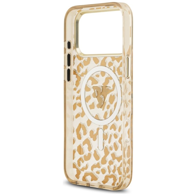 Husa Guess Leopard Glitter Triangle Logo MagSafe iPhone 18 Pro Max cu sclipici, maro, GUHMP18XHLEGTGLW