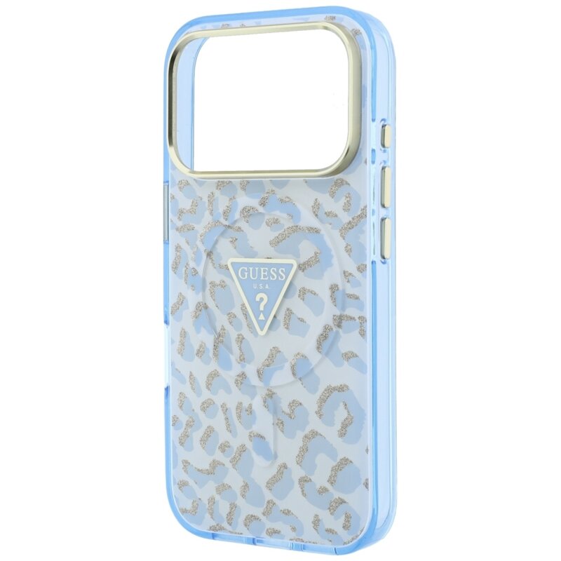 Husa Guess Leopard Glitter Triangle Logo MagSafe iPhone 18 Pro Max cu sclipici, bleu, GUHMP18XHLEGTGLU