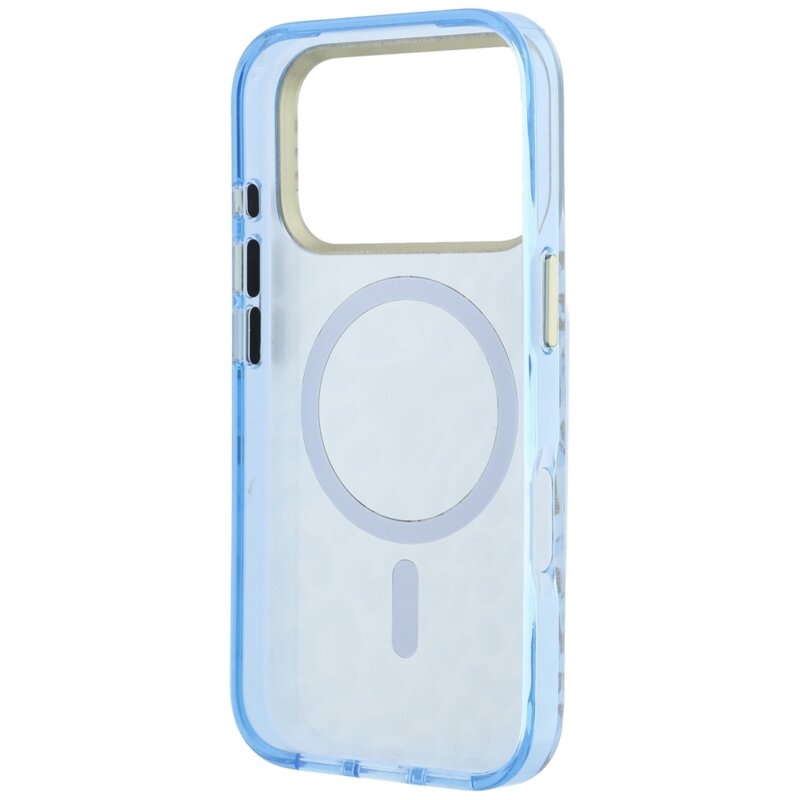 Husa Guess Leopard Glitter Triangle Logo MagSafe iPhone 18 Pro Max cu sclipici, bleu, GUHMP18XHLEGTGLU