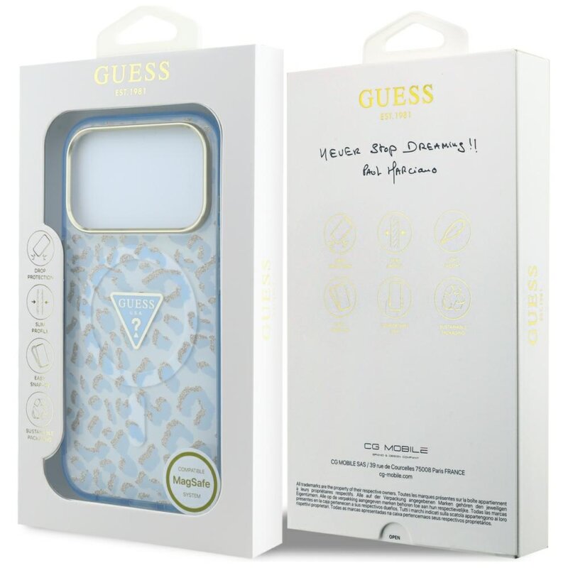 Husa Guess Leopard Glitter Triangle Logo MagSafe iPhone 18 Pro Max cu sclipici, bleu, GUHMP18XHLEGTGLU