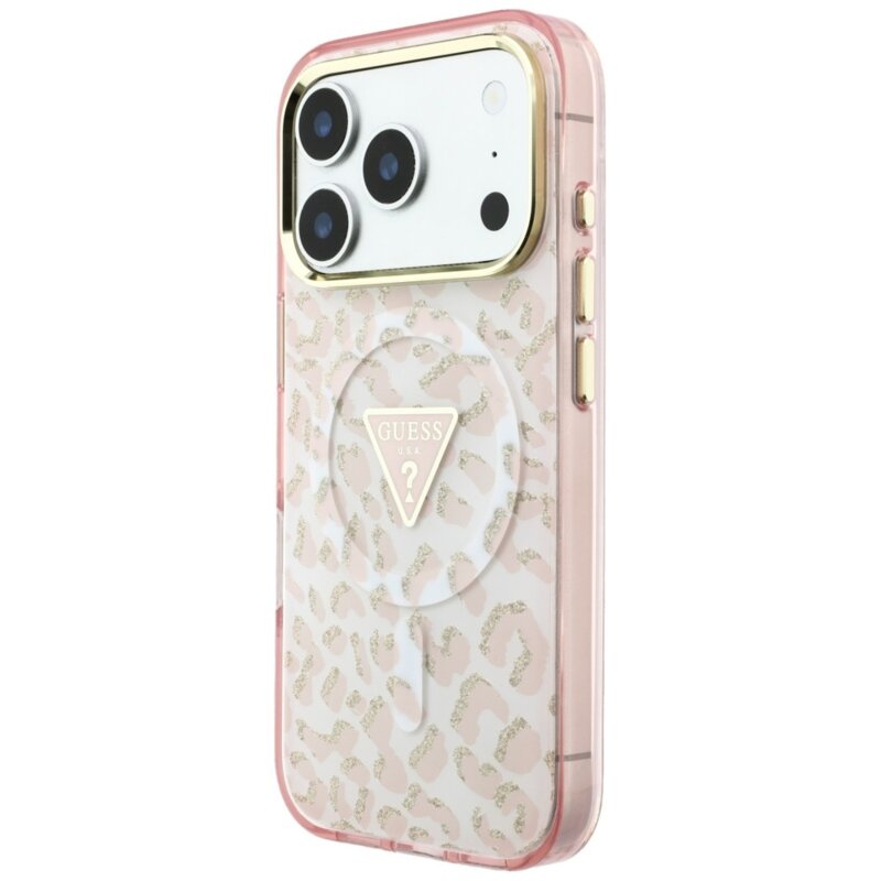 Husa Guess Leopard Glitter Triangle Logo MagSafe iPhone 18 Pro cu sclipici, roz, GUHMP18LHLEGTGLP