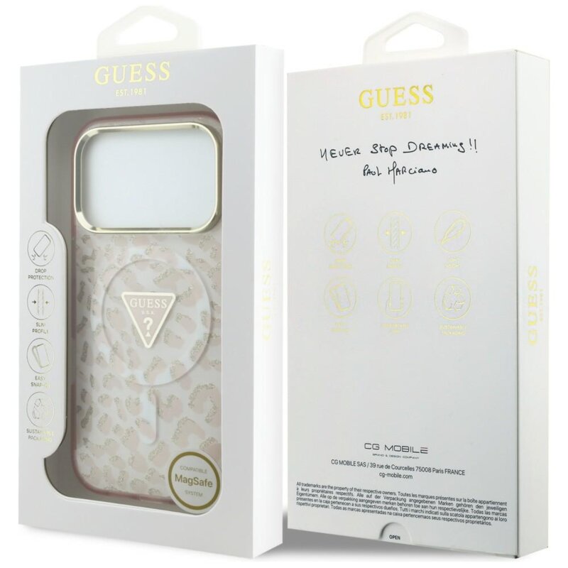 Husa Guess Leopard Glitter Triangle Logo MagSafe iPhone 18 Pro Max cu sclipici, roz, GUHMP18XHLEGTGLP