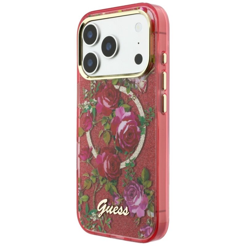 Husa iPhone 18 Pro Max originala Guess IML Glitter Blossom Roses MagSafe, bordo, GUHMP18X6HTBGSLU