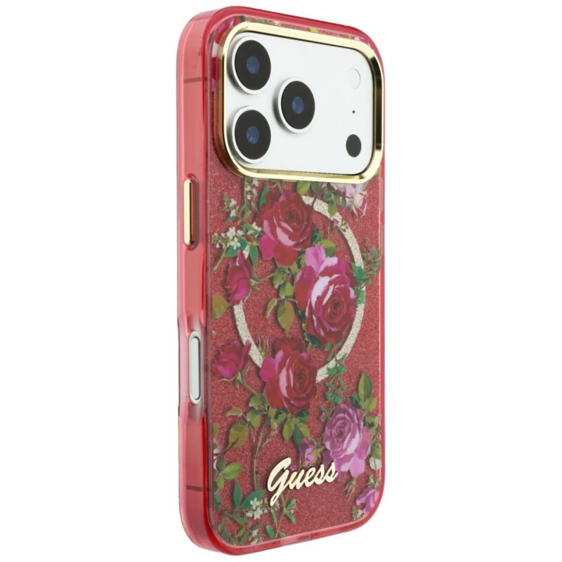 Husa iPhone 18 Pro Max originala Guess IML Glitter Blossom Roses MagSafe, bordo, GUHMP18X6HTBGSLU